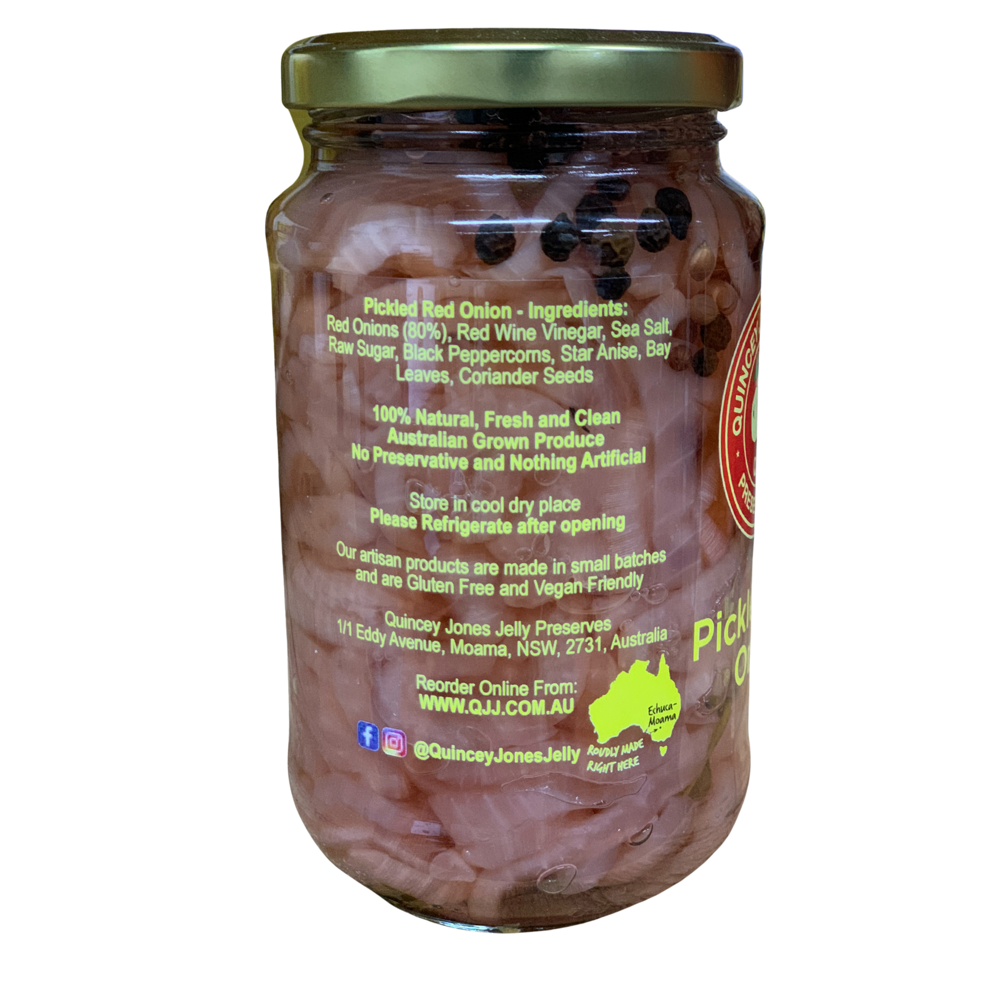 Quincey Jones 375ml Pickled Red Onion. Jar of pickled red onions with a gold lid on a white background