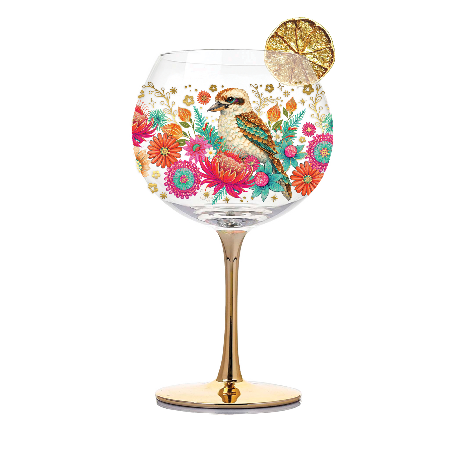 A clear glass cocktail glass with a gold stem and base, decorated with a colorful kookaburra bird and floral pattern, garnished with a lemon slice on a white background.