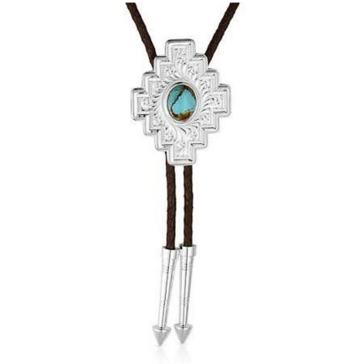A silver-toned bolo tie necklace featuring a Southwestern-style cross pendant with a turquoise stone in the center, suspended from a dark brown braided cord on a white background.