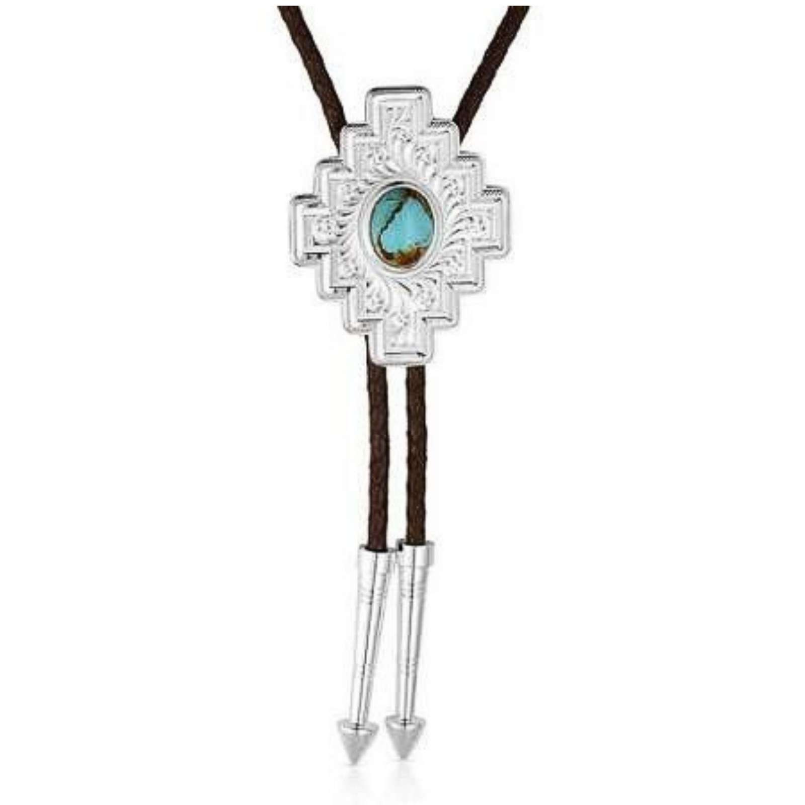 A silver-toned bolo tie necklace featuring a Southwestern-style cross pendant with a turquoise stone in the center, suspended from a dark brown braided cord on a white background.