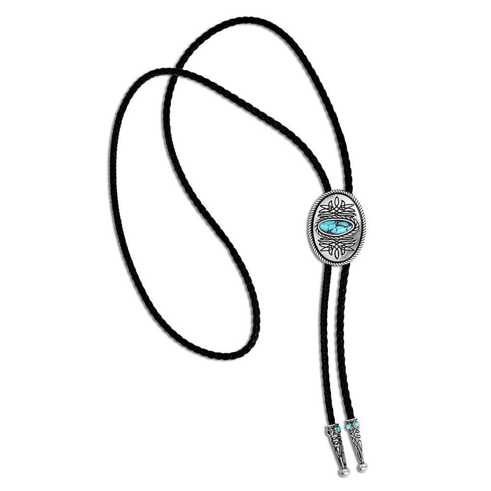 A black braided bolo tie necklace featuring an oval silver-toned metal centerpiece with a turquoise blue eye motif, shown on a plain white background.
