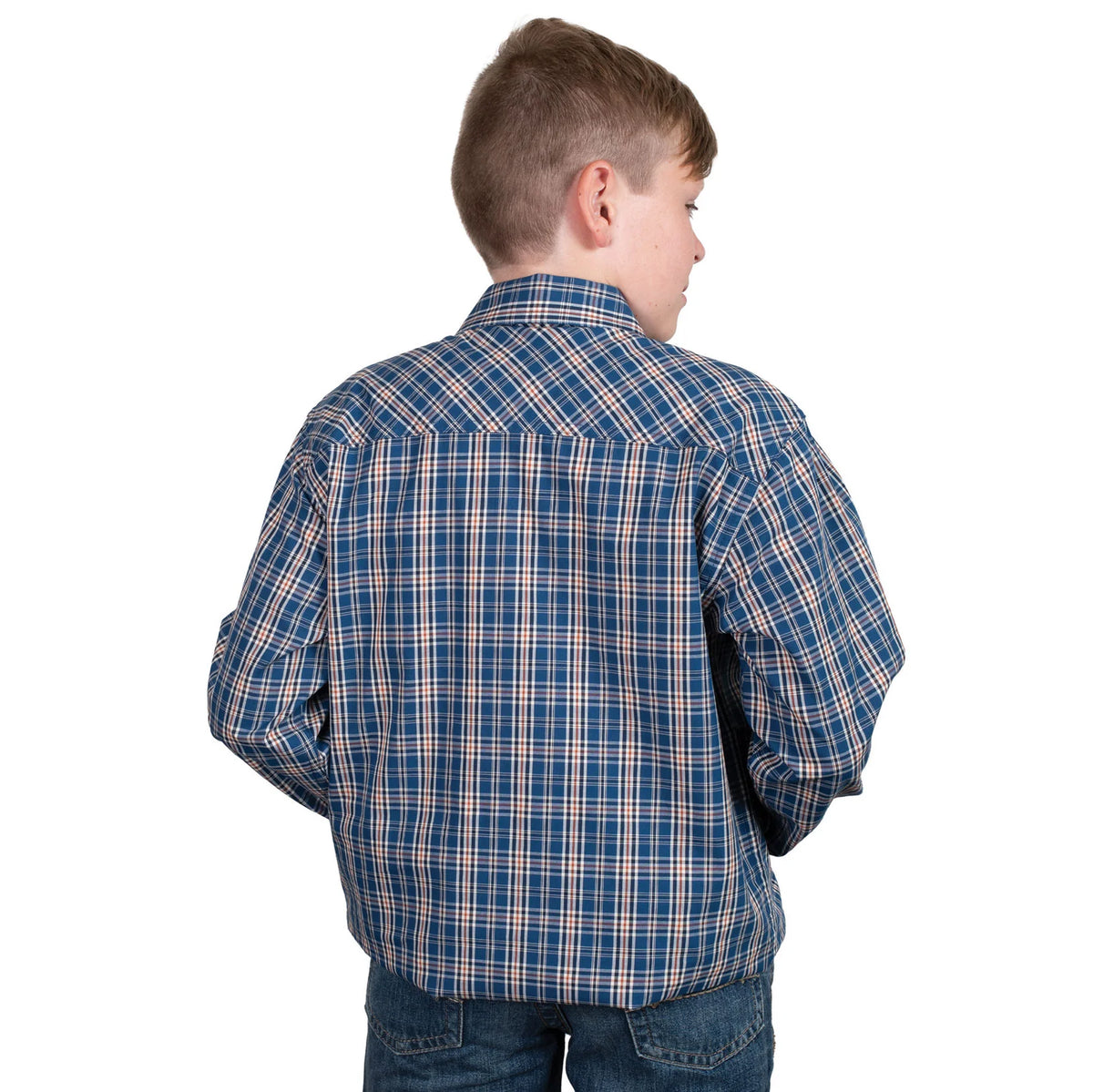 Just Country Boy's Brayden Half Button Plaid Workshirt. Child wearing a blue plaid shirt on a white background