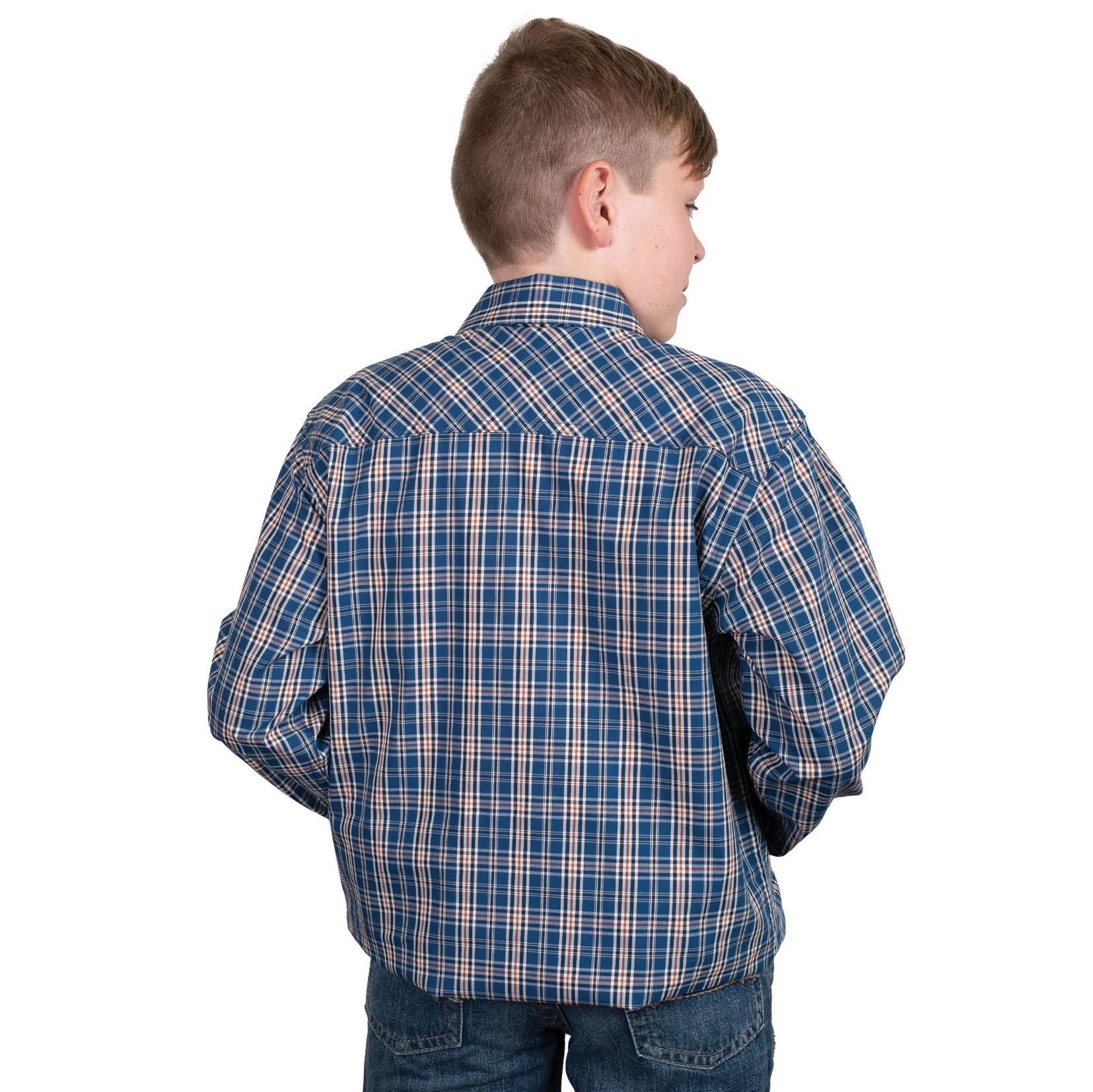 Just Country Boy's Brayden Half Button Plaid Workshirt. Child wearing a blue plaid shirt on a white background