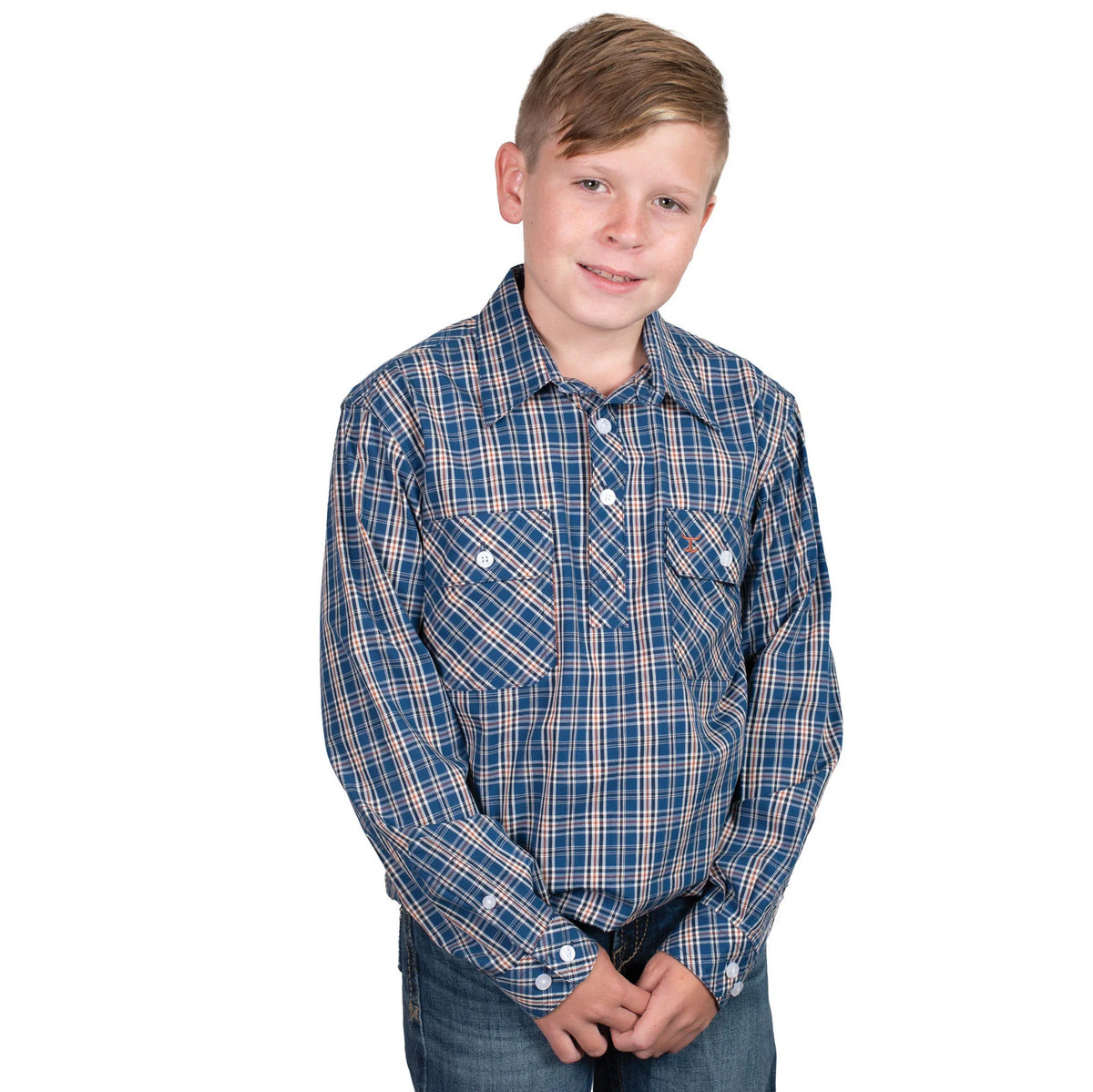 Just Country Boy&#39;s Brayden Half Button Plaid Workshirt. Child wearing a blue plaid shirt on a white background