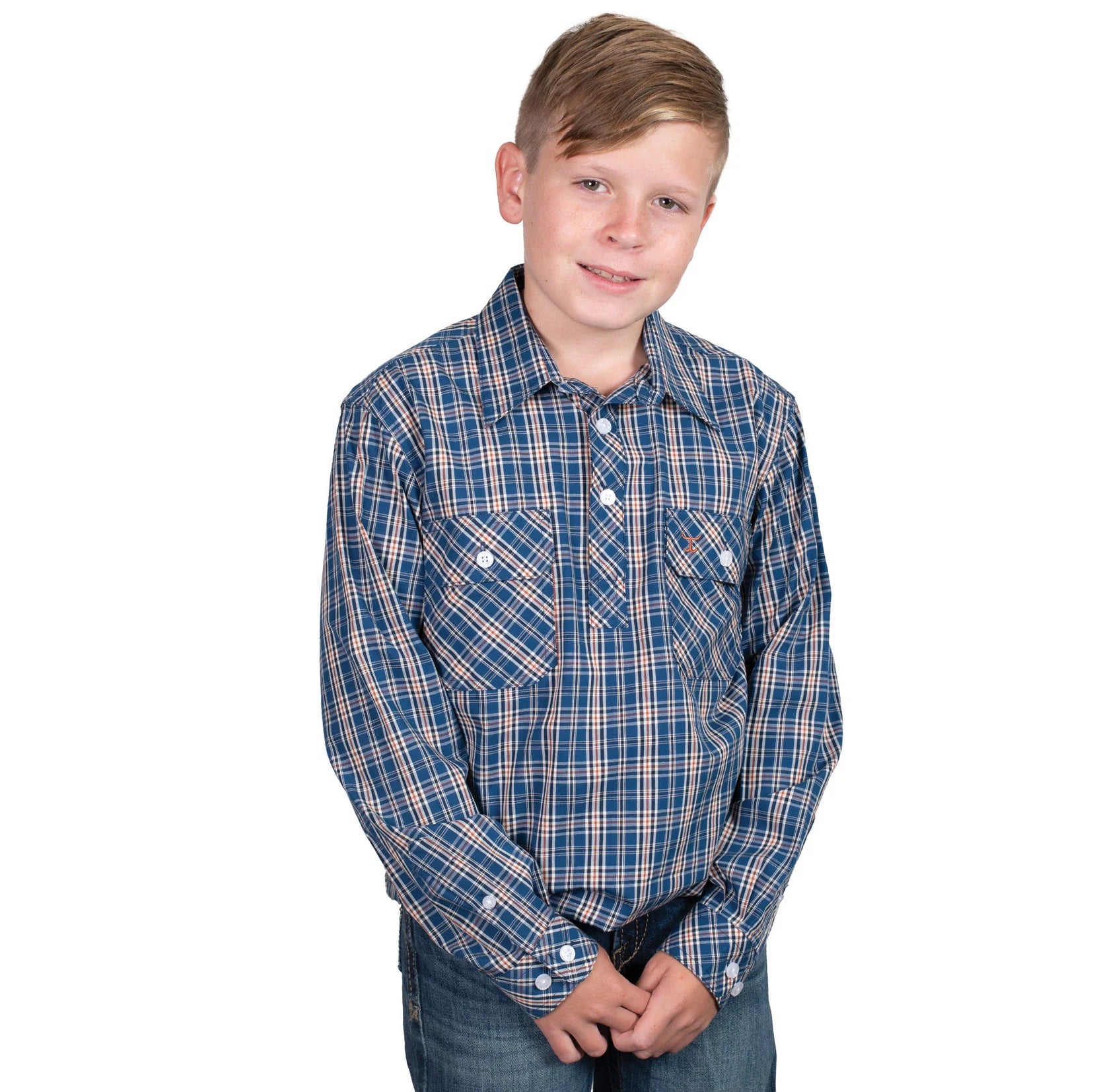 Just Country Boy's Brayden Half Button Plaid Workshirt. Child wearing a blue plaid shirt on a white background
