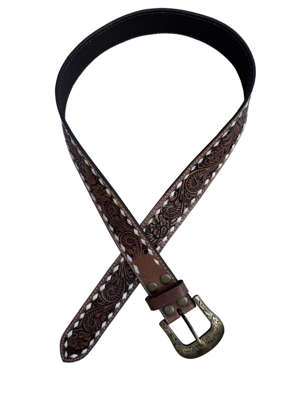 Brown Buck Stitch Tooling Leather Belt with Removable Buckle