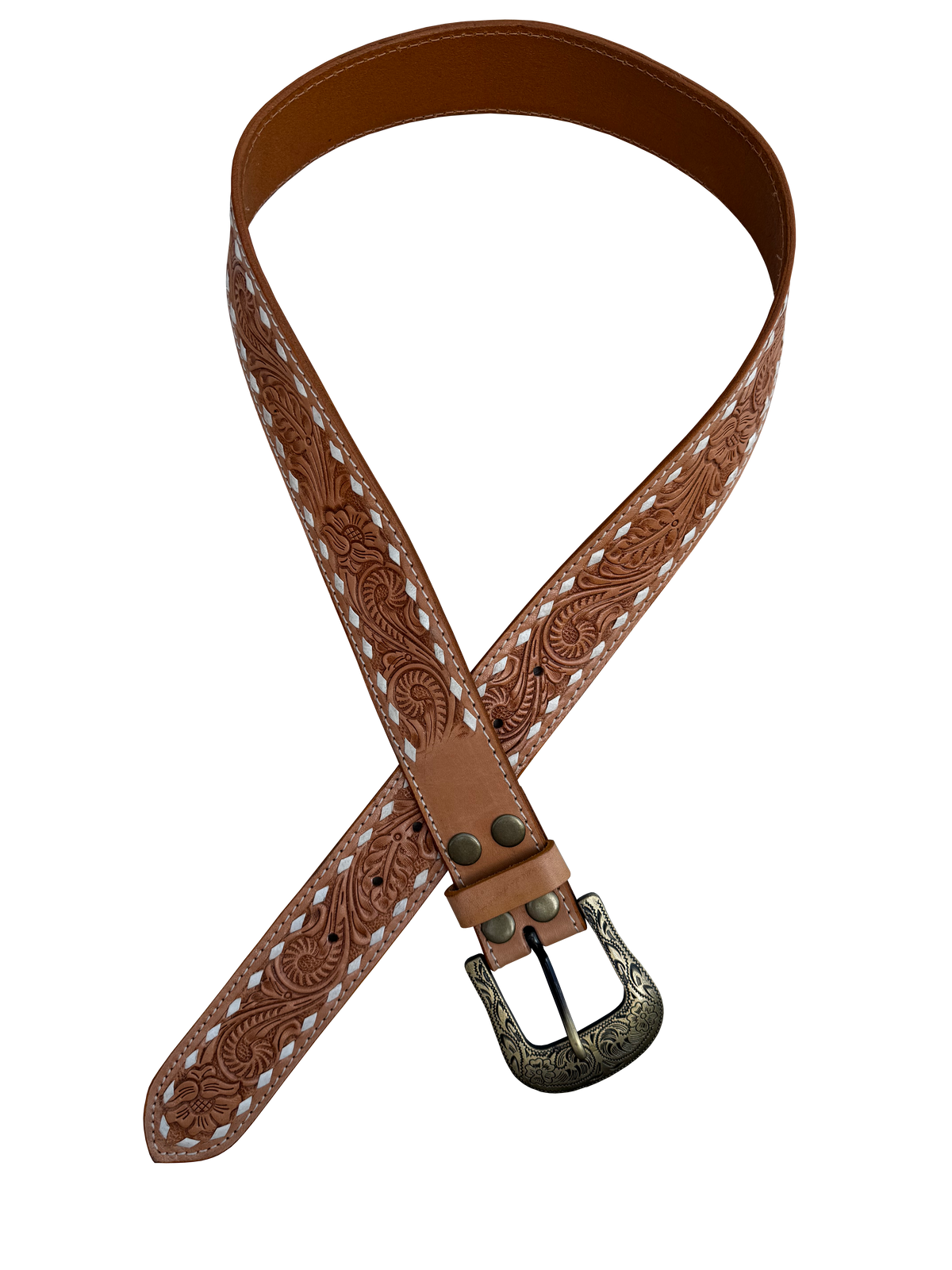 Tan Buck Stitch Tooling Leather Belt with Removable Buckle. Brown leather belt with intricate patterns and a decorative buckle on a white background