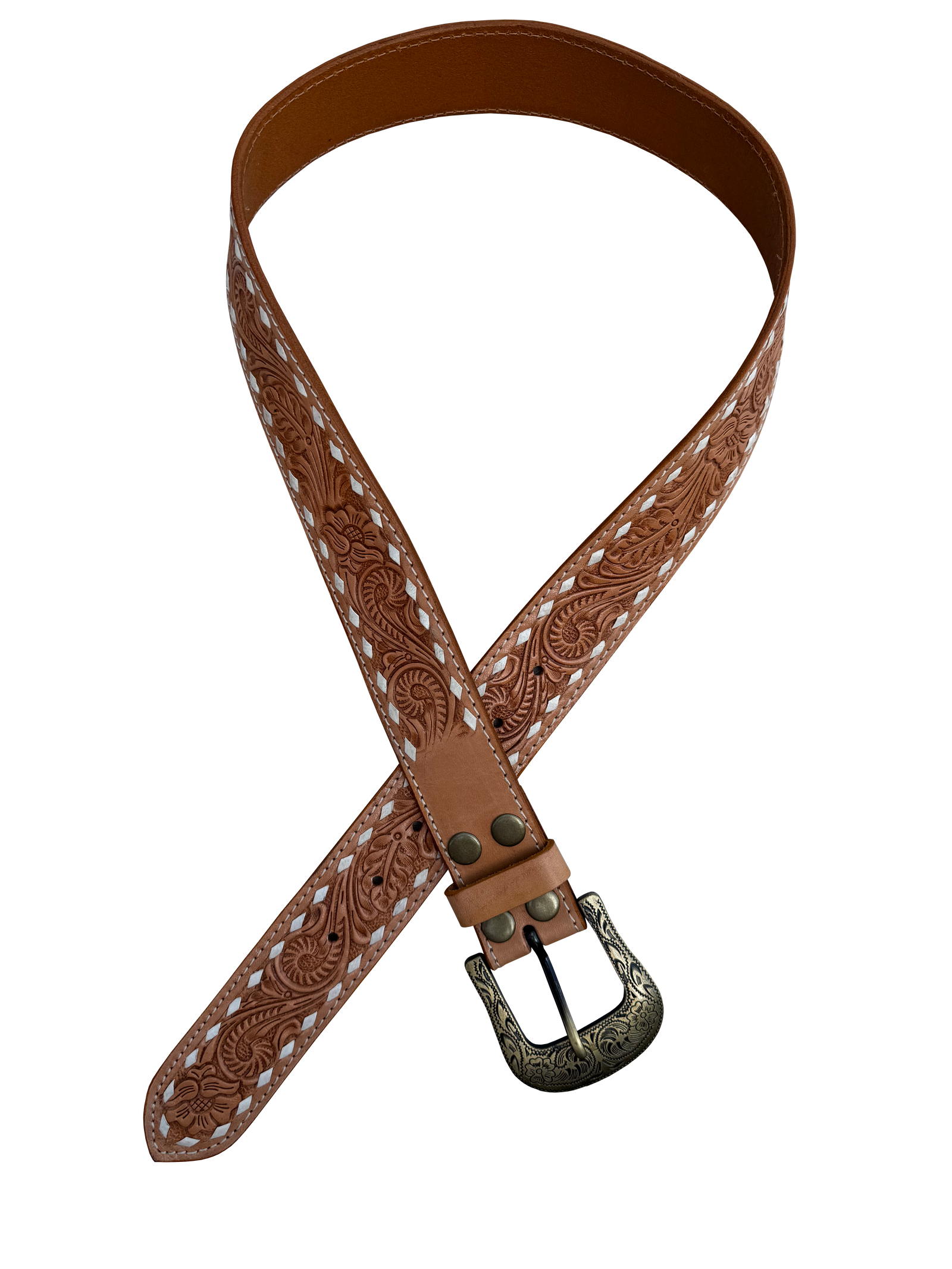 Tan Buck Stitch Tooling Leather Belt with Removable Buckle. Brown leather belt with intricate patterns and a decorative buckle on a white background