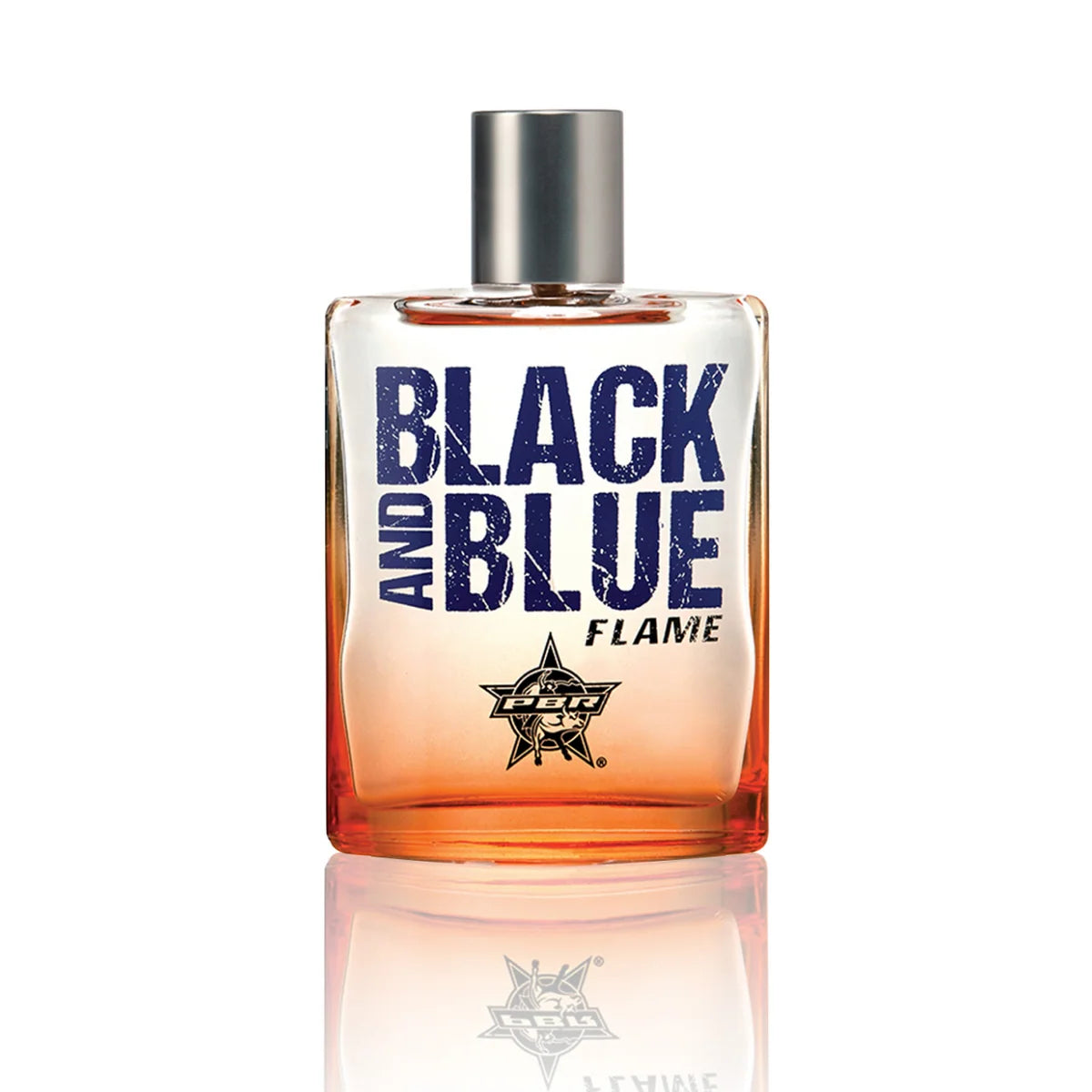 A bottle of Black and Blue Flame fragrance with a silver cap, featuring a clear glass bottle showing a warm amber-orange liquid inside, with bold navy blue text and a gold star logo on the front, set against a clean white background with a soft reflection below.