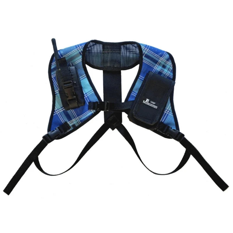 A purple and pink plaid tactical dog harness with black straps, a radio attachment on the left, and a pouch on the right, shown against a plain white background.