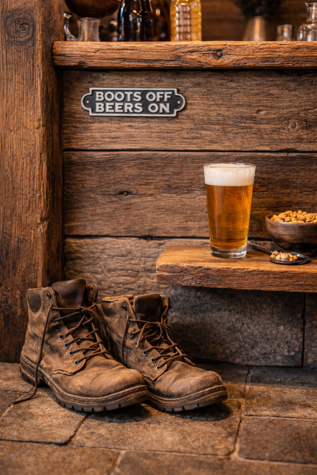 Decorative sign with 'Boots Off Beers On' text on a white background