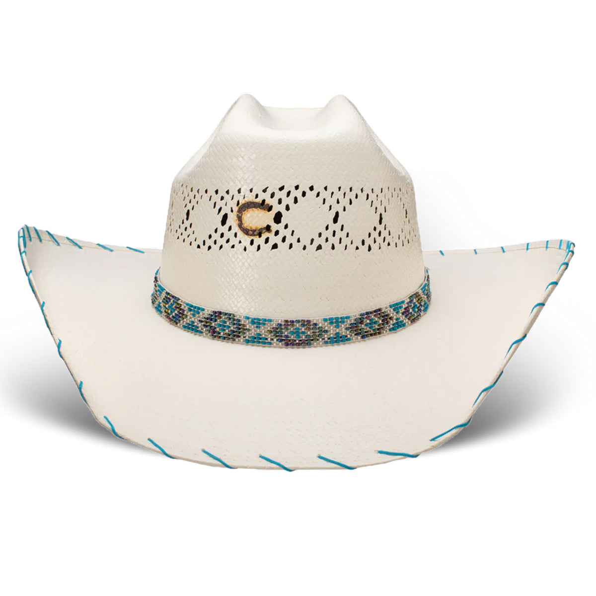Charlie 1 Horse Apache Jr Straw Hat. A youth-sized beige Charlie 1 Horse Apache Jr straw hat with a cattleman's crown and a 4-inch brim. It features a beaded hatband with a diamondback pattern, blue whip stitching on the brim, and a brand logo on the front.