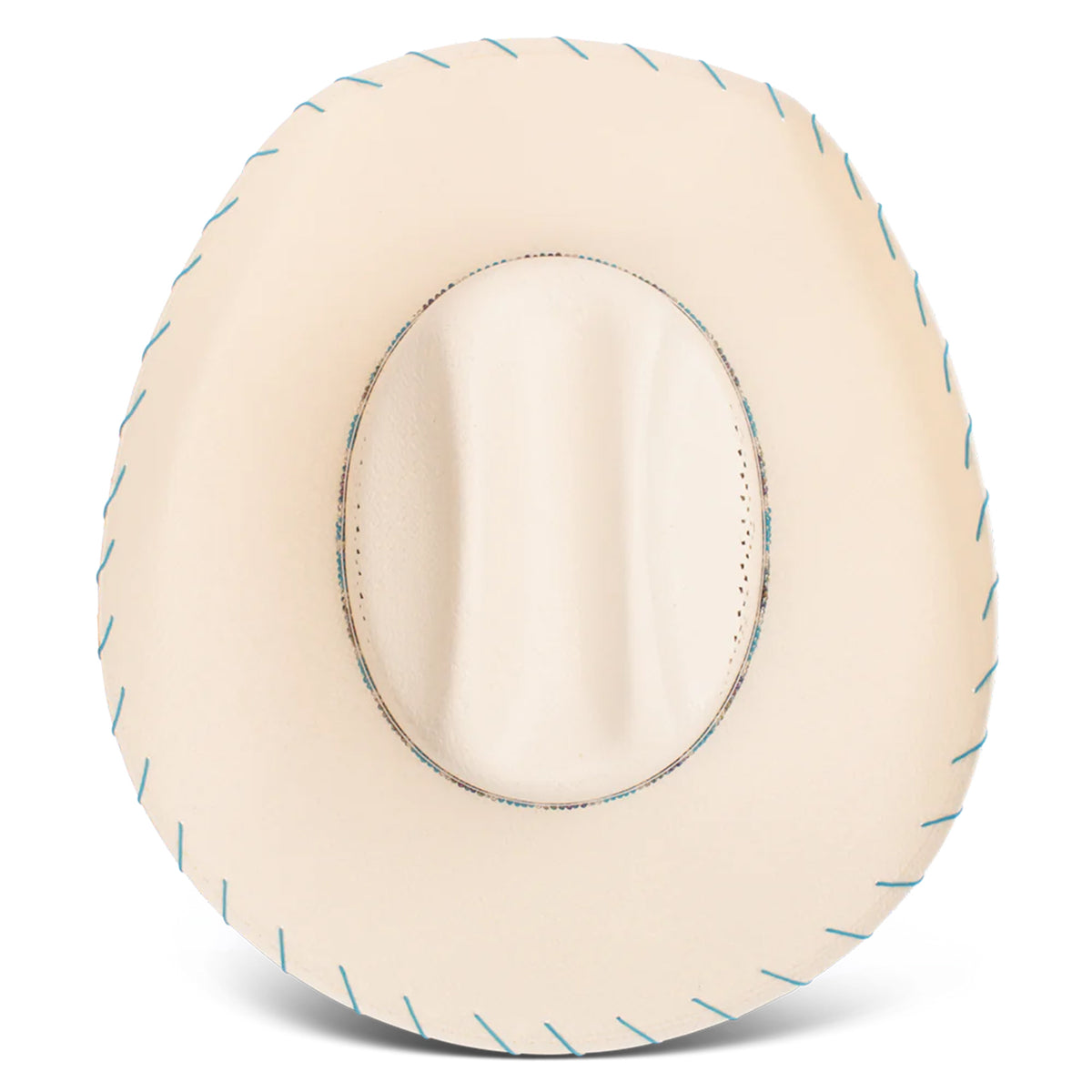 Charlie 1 Horse Apache Jr Straw Hat. A youth-sized beige Charlie 1 Horse Apache Jr straw hat with a cattleman's crown and a 4-inch brim. It features a beaded hatband with a diamondback pattern, blue whip stitching on the brim, and a brand logo on the front.