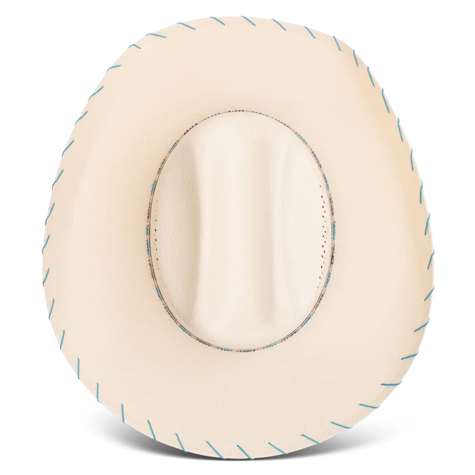 Charlie 1 Horse Apache Jr Straw Hat. A youth-sized beige Charlie 1 Horse Apache Jr straw hat with a cattleman's crown and a 4-inch brim. It features a beaded hatband with a diamondback pattern, blue whip stitching on the brim, and a brand logo on the front.