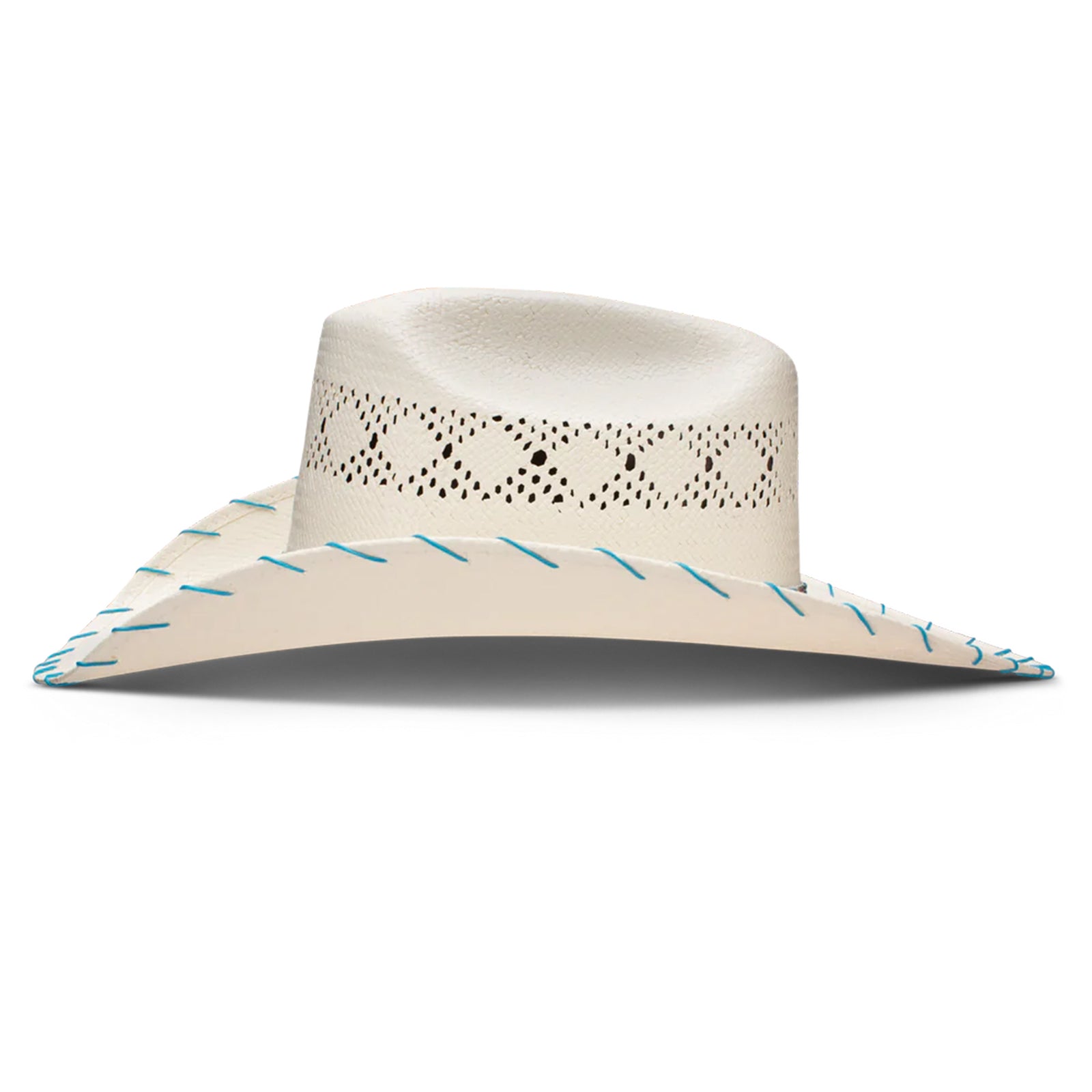 Charlie 1 Horse Apache Jr Straw Hat. A youth-sized beige Charlie 1 Horse Apache Jr straw hat with a cattleman's crown and a 4-inch brim. It features a beaded hatband with a diamondback pattern, blue whip stitching on the brim, and a brand logo on the front.