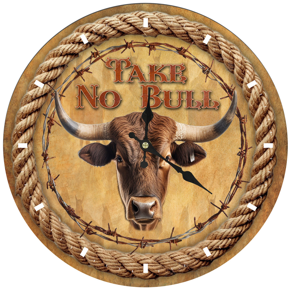 Decorative clock with a bull's head and 'Take No Bull' text, surrounded by rope and barbed wire.
