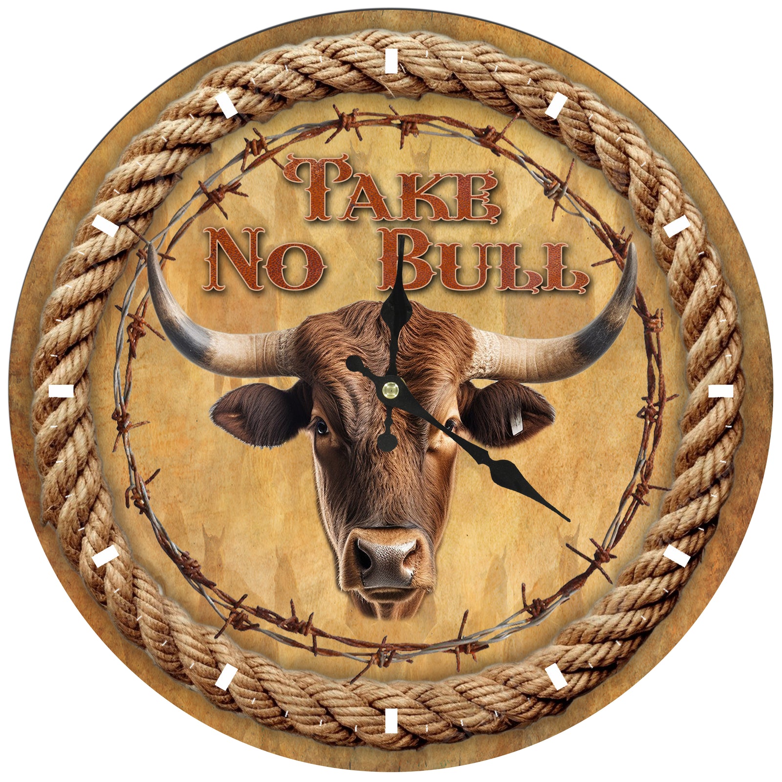 Decorative clock with a bull's head and 'Take No Bull' text, surrounded by rope and barbed wire.