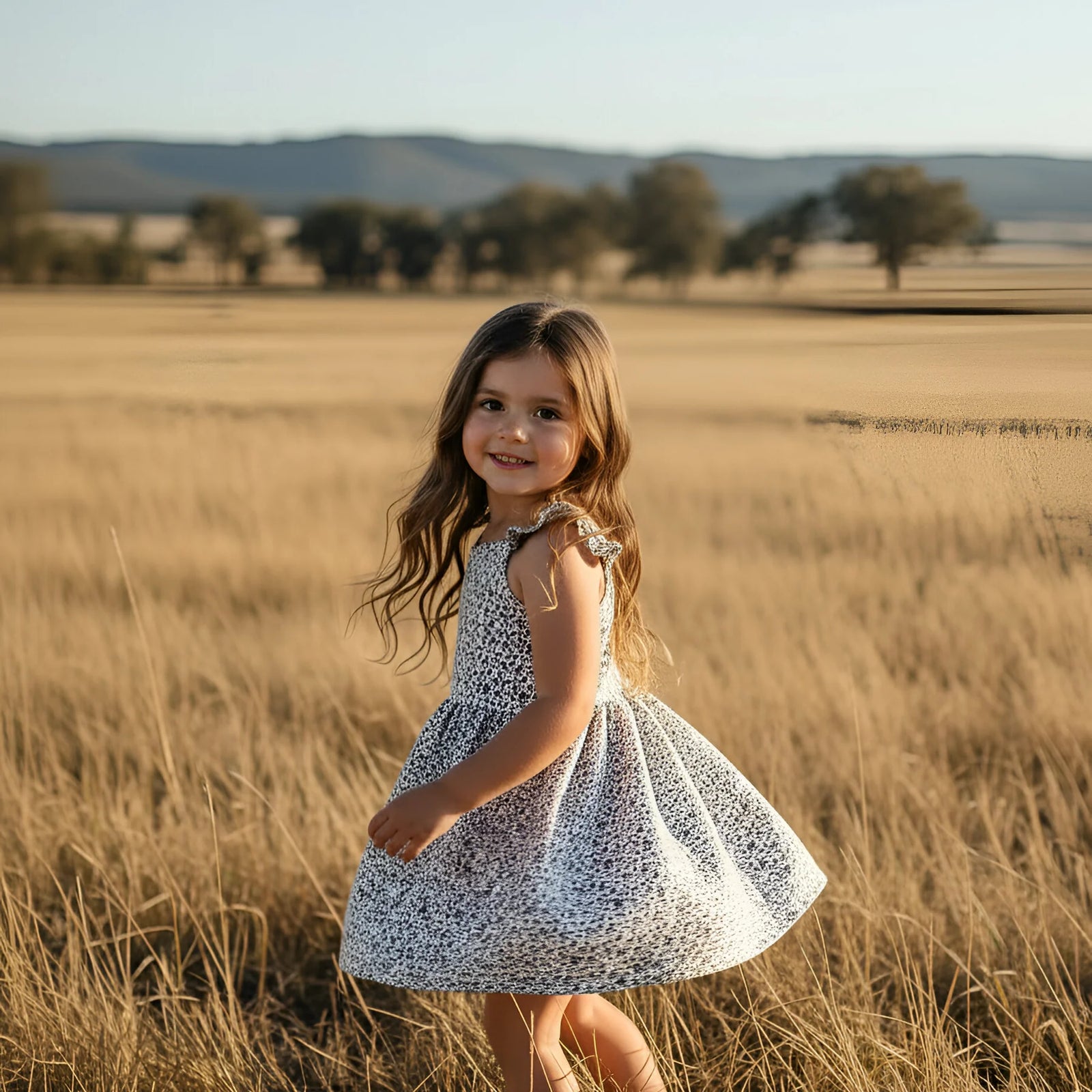 A young girl with long brown hair stands in a golden wheat field wearing a sleeveless white dress with a small blue floral pattern. The background features a soft-focus landscape of trees and hills under a warm, golden sky.