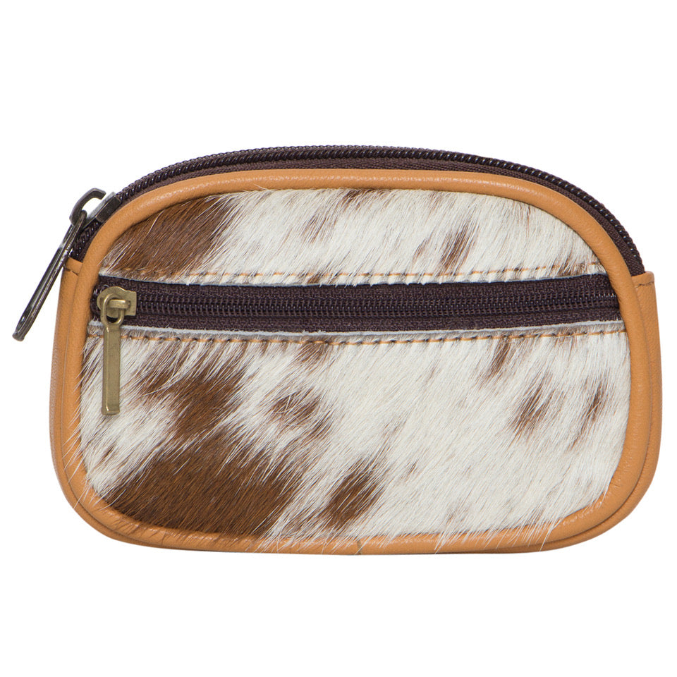 Cowhide Zippered Card Case. Small pouch with cowhide leather pattern and brown zipper on a white background