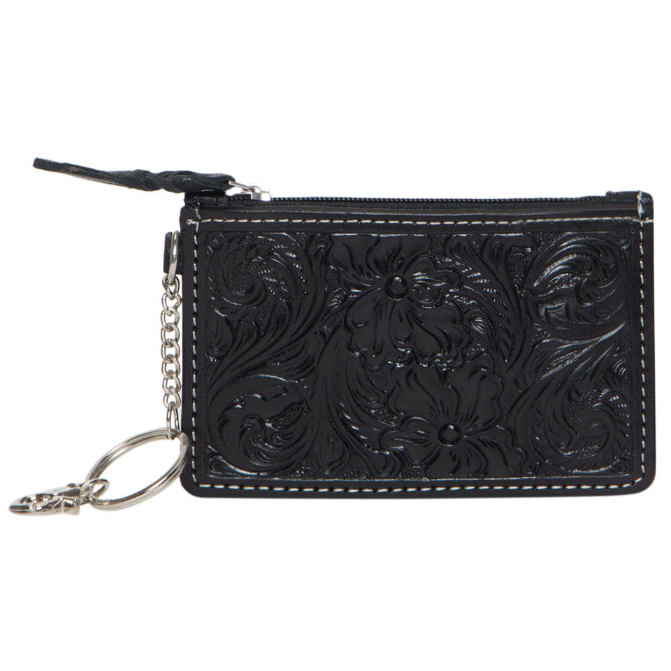 Tooling Black Leather Key/ Card Case. Black embossed leather wallet with keychain on a white background