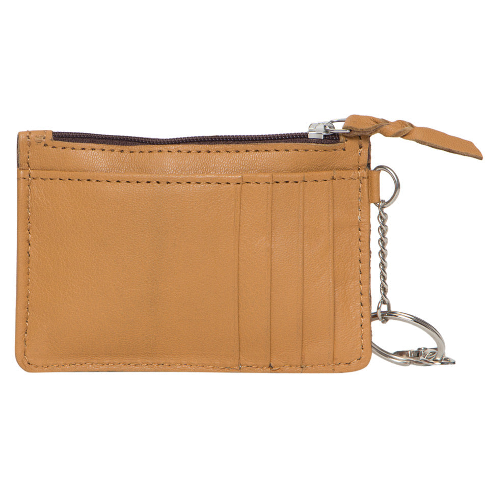 Tooling Tan Leather Key/ Card Case. Brown leather wallet with floral patterns and keychain on a white background