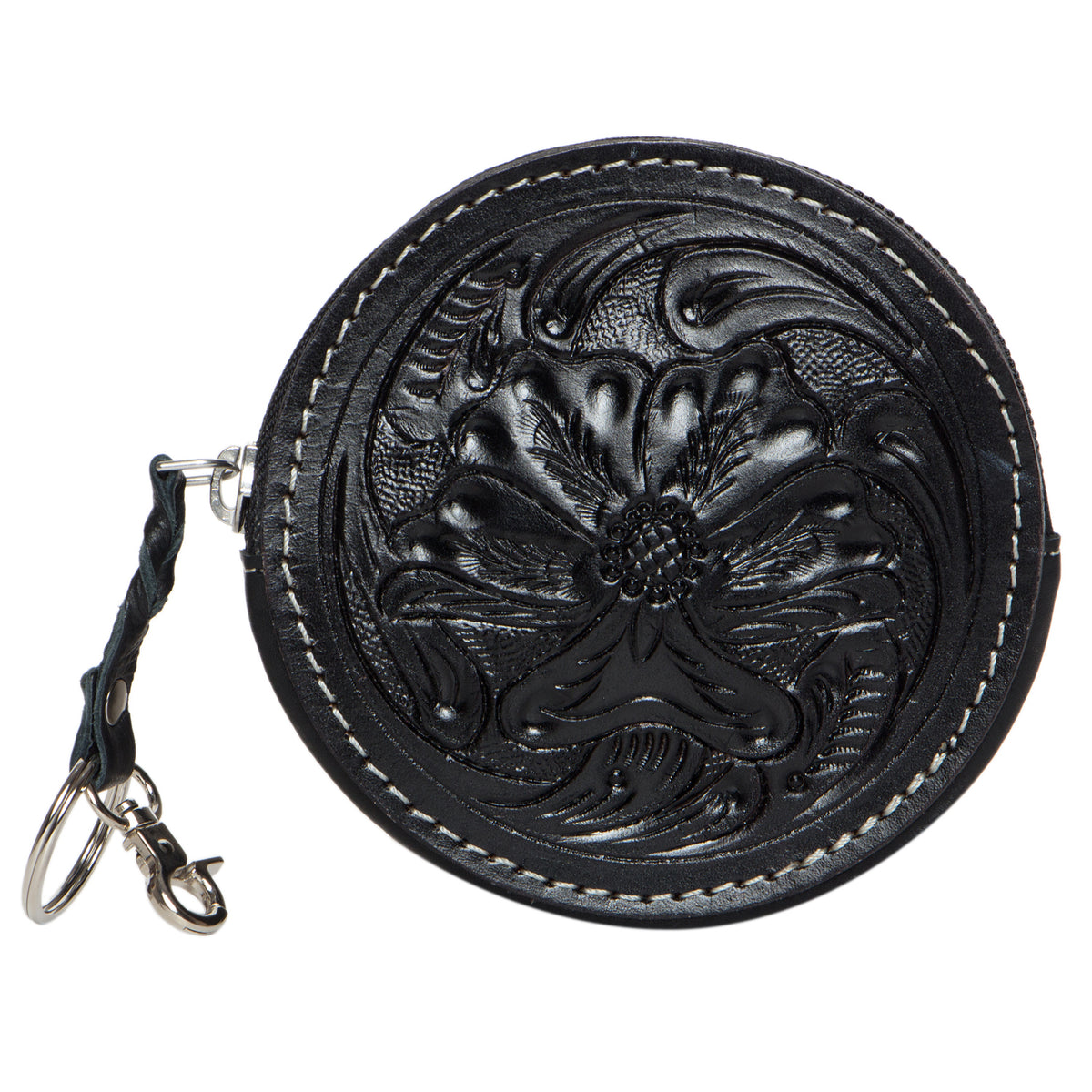 Black leather coin purse with floral embossing on a white background