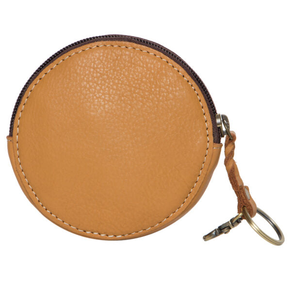 Tooling Tan Leather Round Purse. Round leather coin purse with floral embossing on a white background