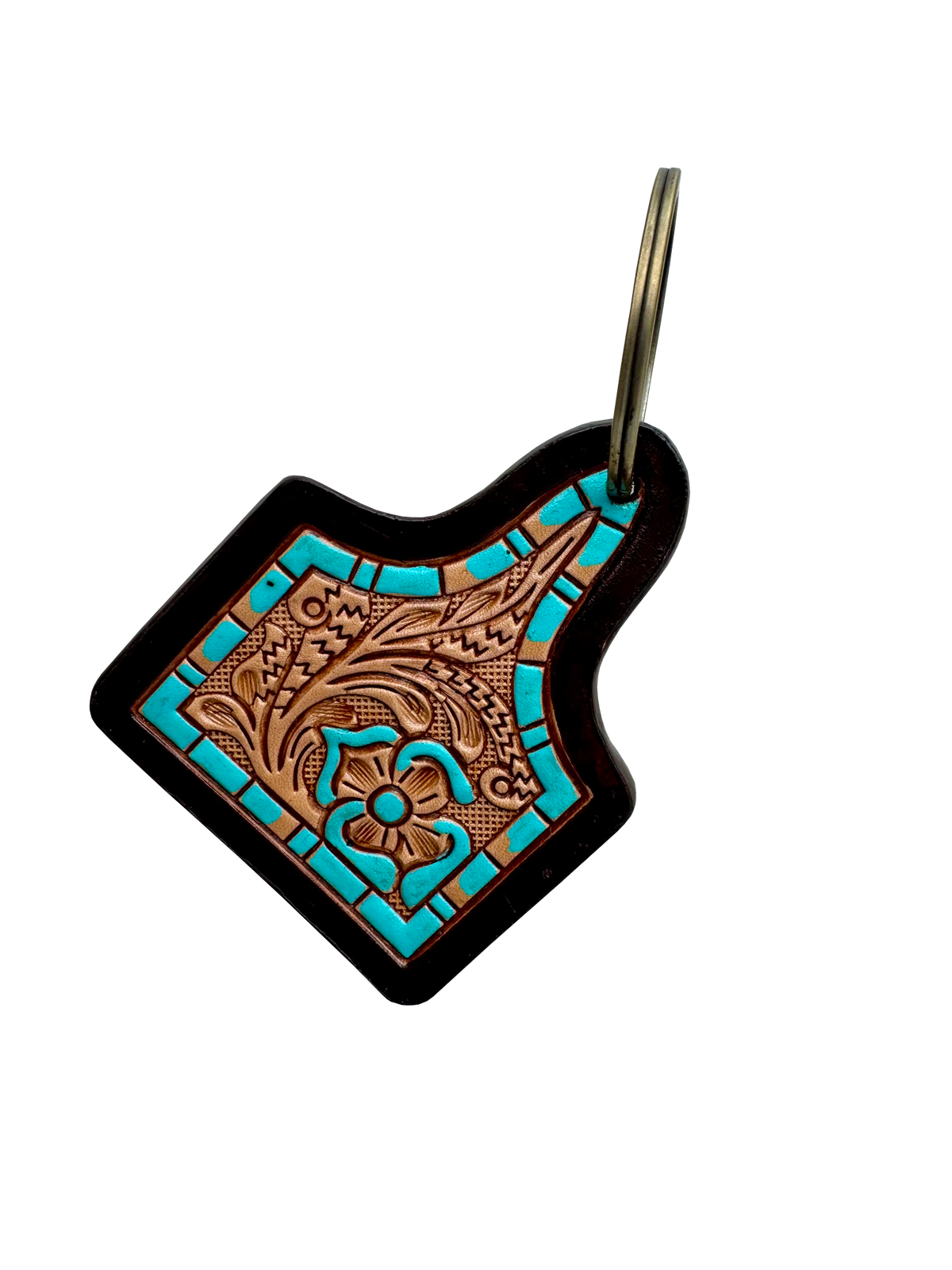 Tooling Leather Hand Painted Cattle Tag Keyring. Decorative keychain with turquoise and brown design on a white background