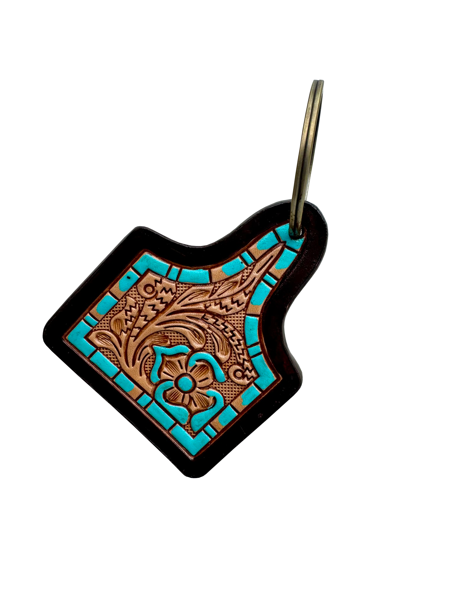 Tooling Leather Hand Painted Cattle Tag Keyring. Decorative keychain with turquoise and brown design on a white background