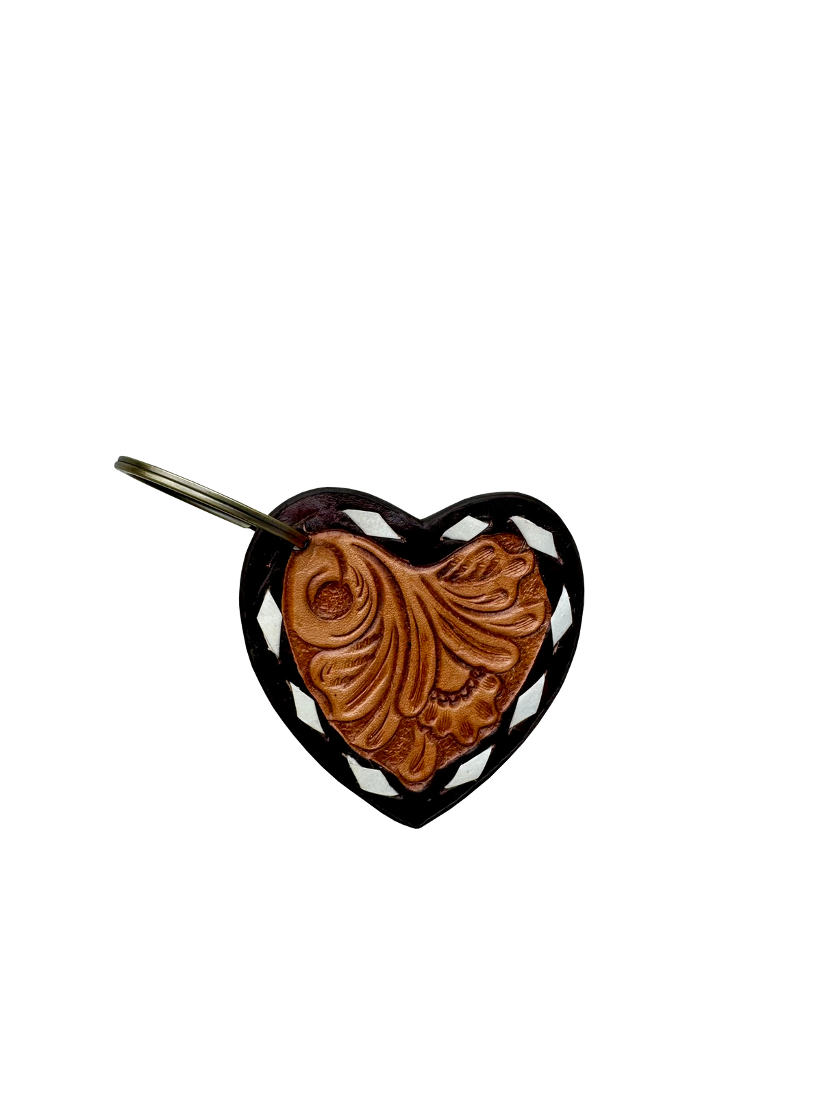 Buck Stitch Tooling Leather Heart Keyring. Heart-shaped pendant with intricate design on a white background