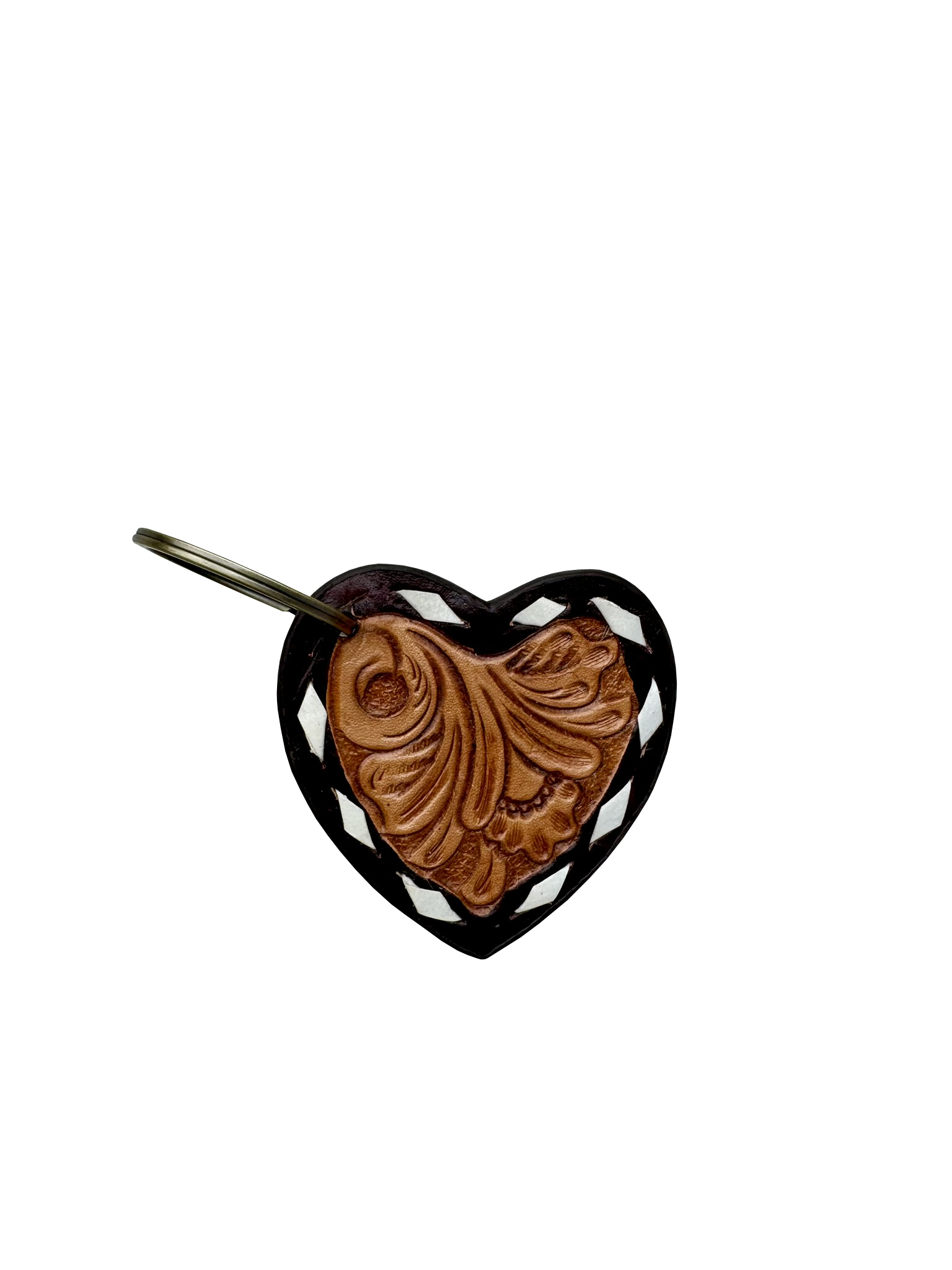 Buck Stitch Tooling Leather Heart Keyring. Heart-shaped pendant with intricate design on a white background