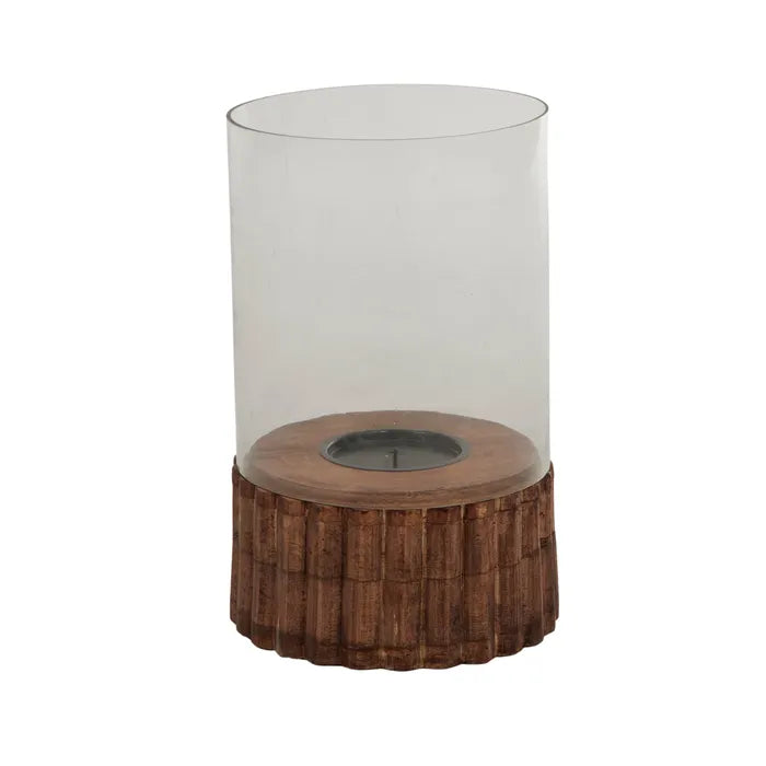 Linea Glass & Wood Hurricane. Cylindrical wooden lantern with a clear glass cover on a white background