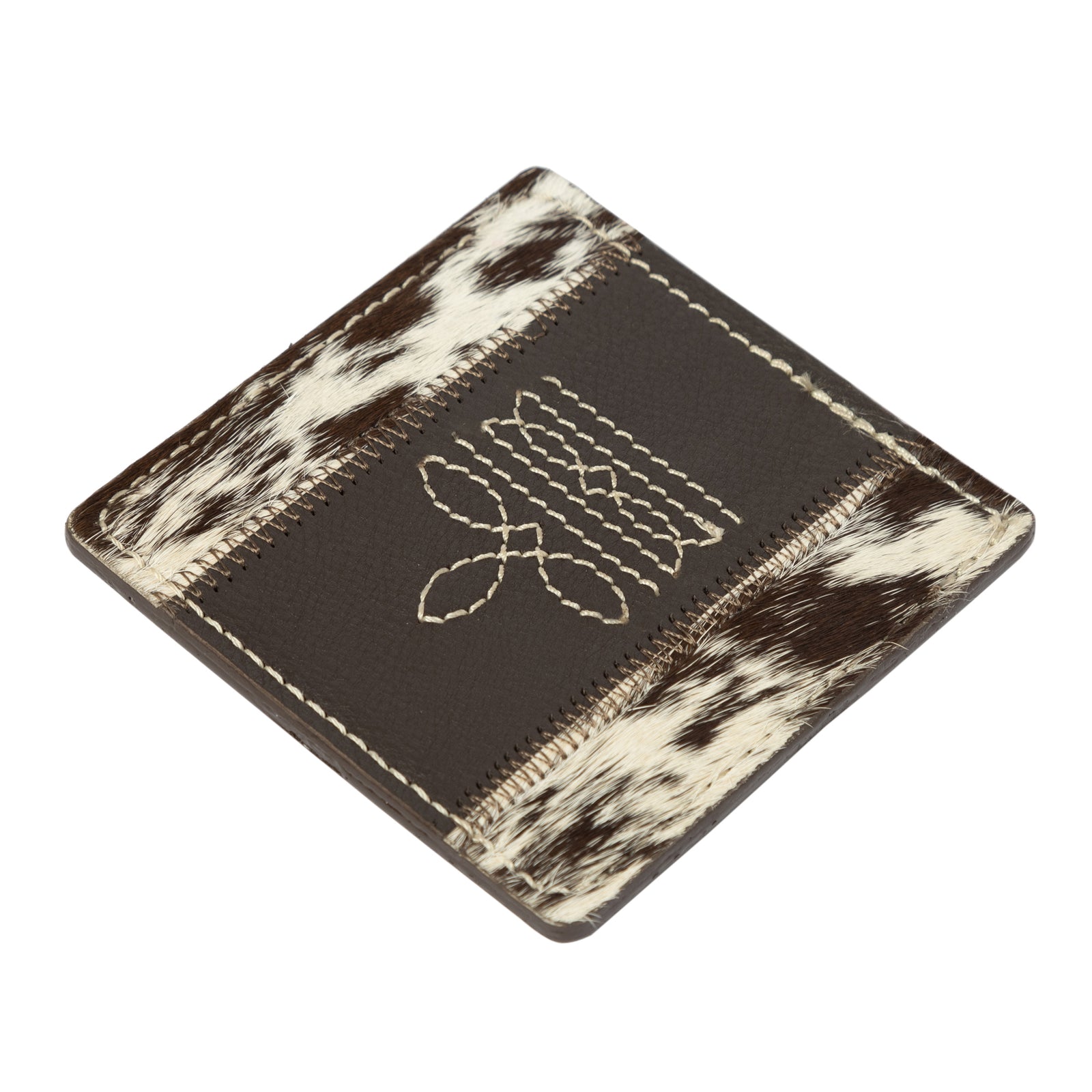 Cardholder with cowhide leather trim and embroidered design on a white background