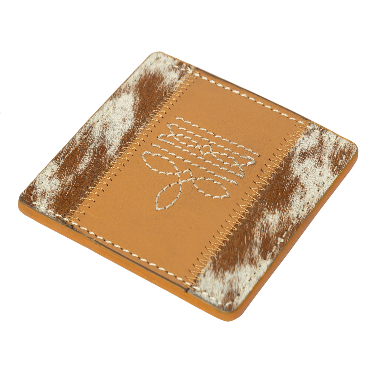 Brown leather cardholder with cowhide pattern on a white background