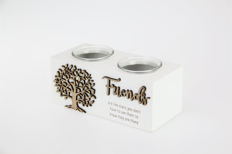 18cm Friends Twin Tealight Holder. Two candle holders with a tree design and 'Friends' text on a white background