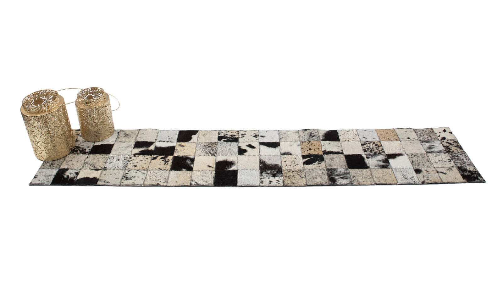 Cowhide Table Runner. Decorative cowhide rug with a checkered pattern on a white background