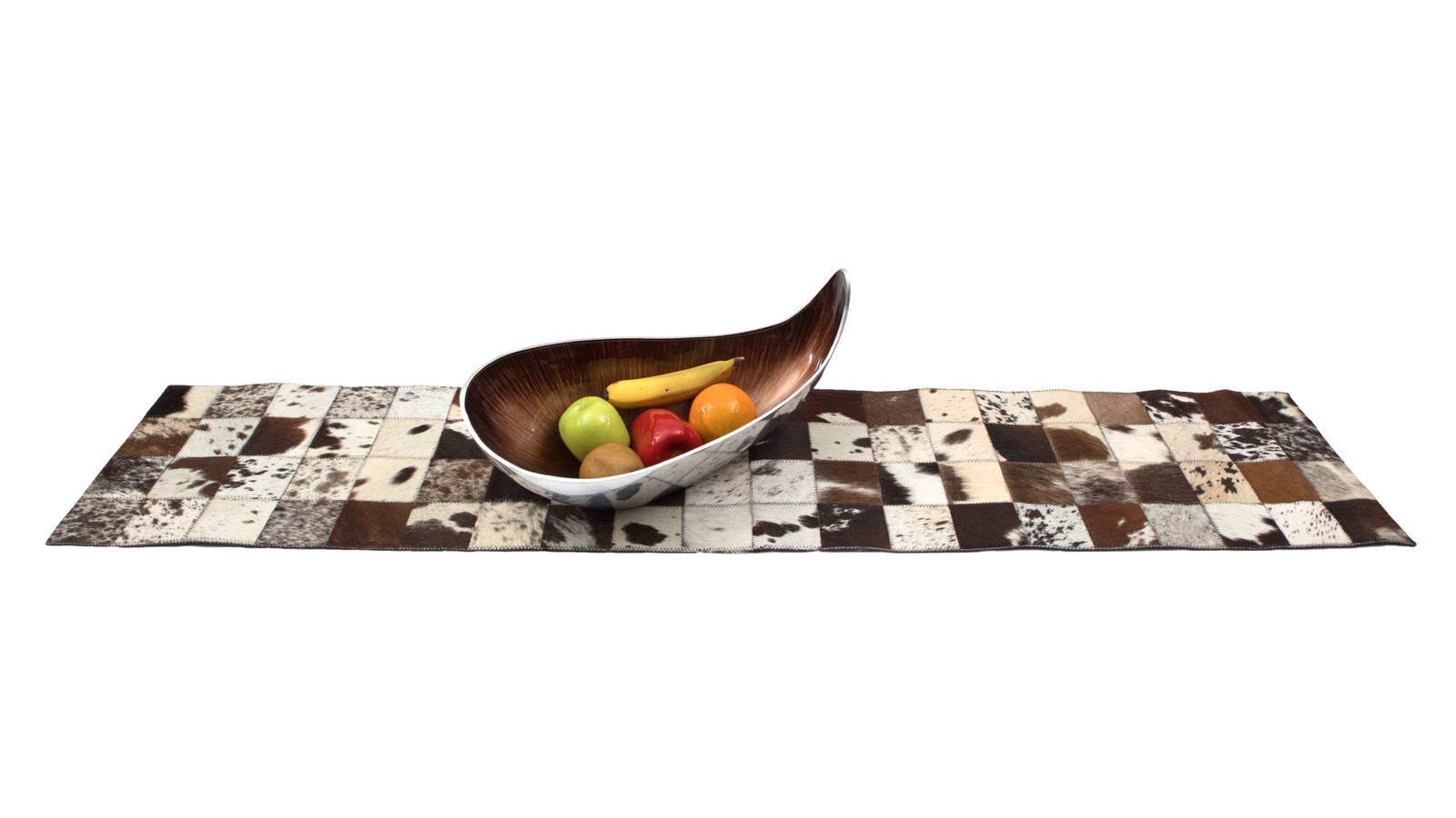 Cowhide Table Runner. Decorative cowhide rug with a checkered pattern on a white background