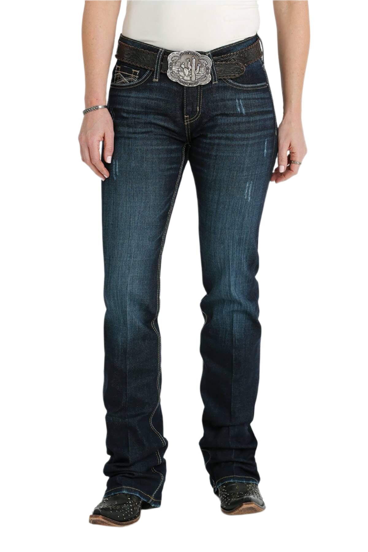 Cruel Denim Women's Hannah Slim Fit Jean. A pair of women's slim fit blue denim jeans with a boot cut, featuring detailed stitching and a mid-rise waist.