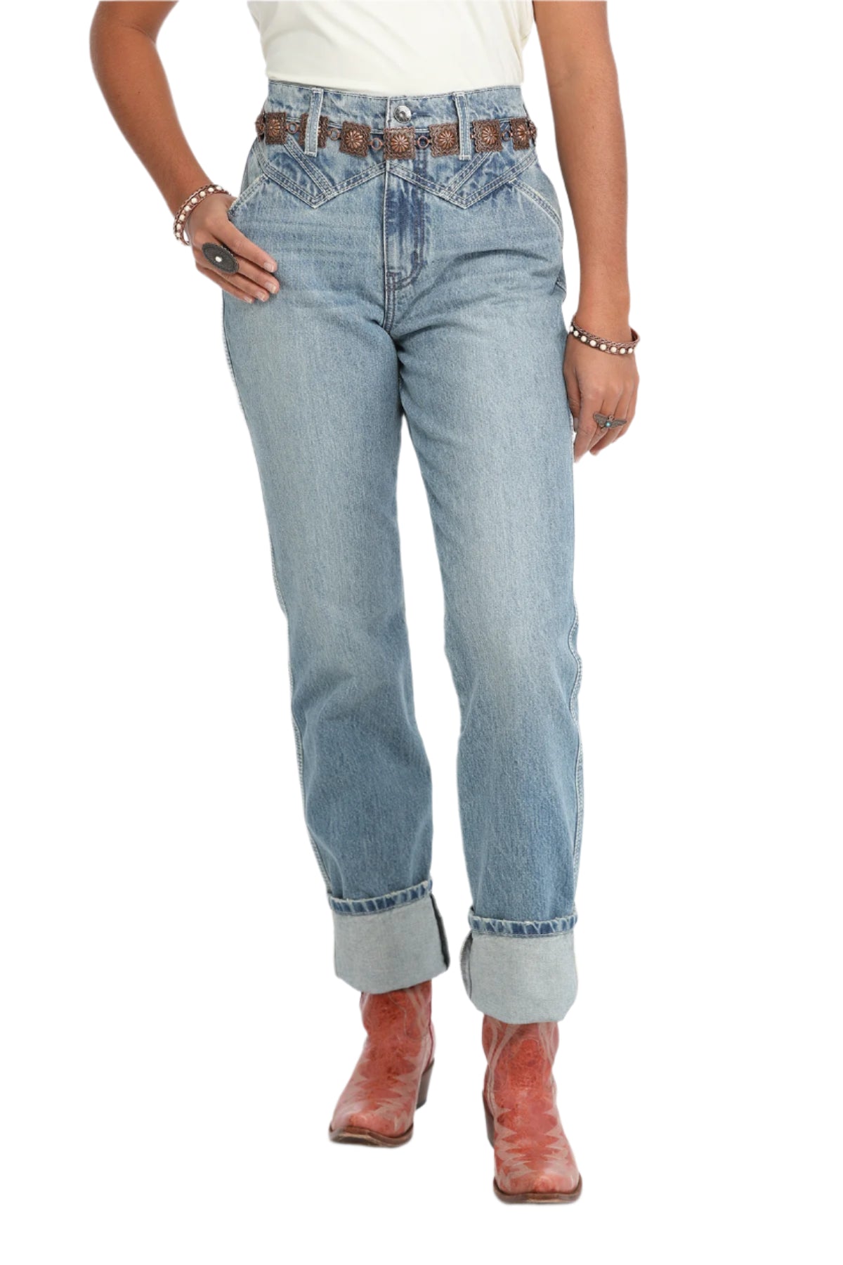 Cruel Denim Women's Quinn Relaxed Fit Jean. Light blue jeans worn by a person on a white background
