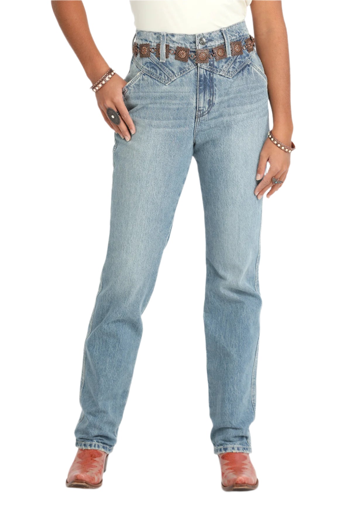 Cruel Denim Women's Quinn Relaxed Fit Jean. Light blue jeans worn by a person on a white background