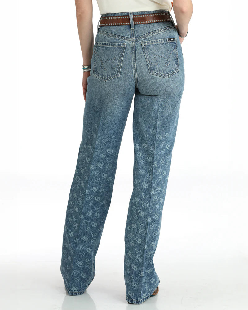 Blue jeans with a subtle pattern on a white background