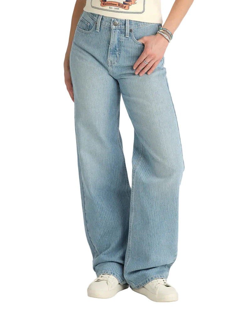 Light blue jeans worn by a person on a white background