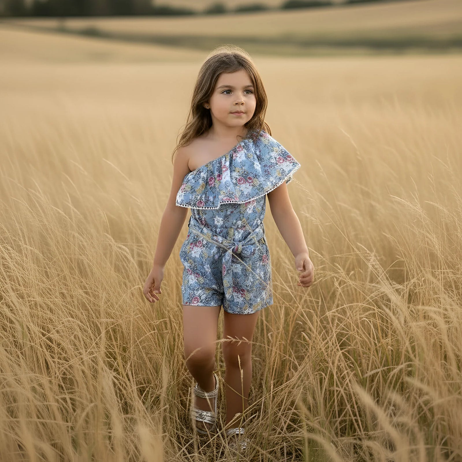 A young girl stands in a field of tall golden grass wearing a one-shoulder floral romper in blue, pink, and white, with silver high-top sneakers.