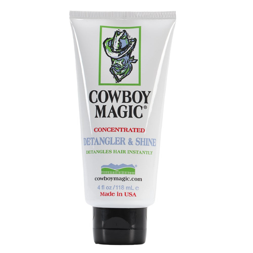 A bottle of Cowboy Magic Detangler & Shine with label detailing product use for detangling and adding shine to hair.