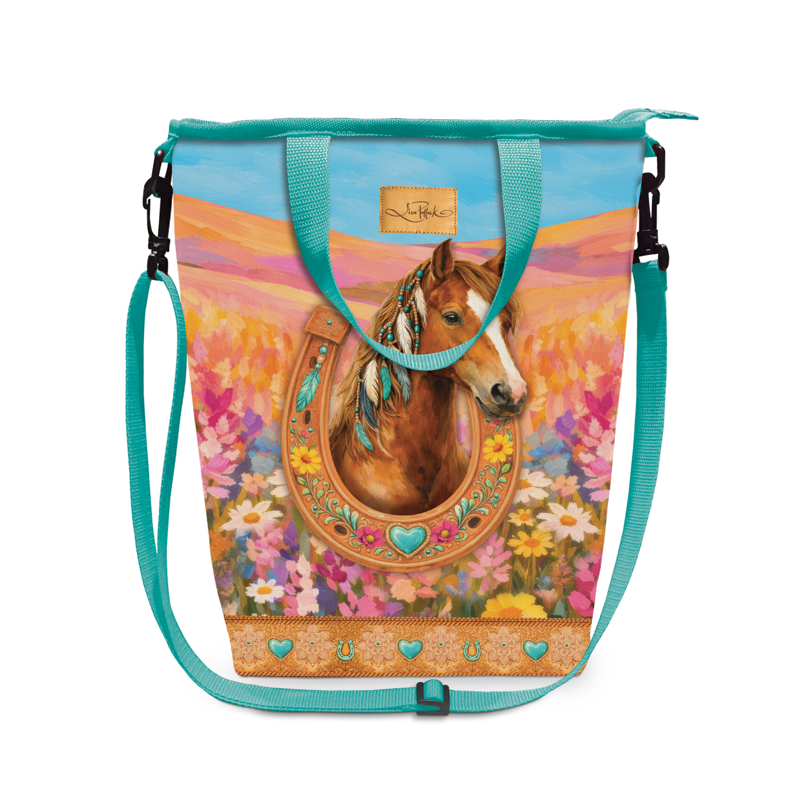 A turquoise and multicolor canvas tote bag featuring a western-themed print of a horse head inside a horseshoe surrounded by flowers, with teal shoulder straps and black hardware, shown on a white background.