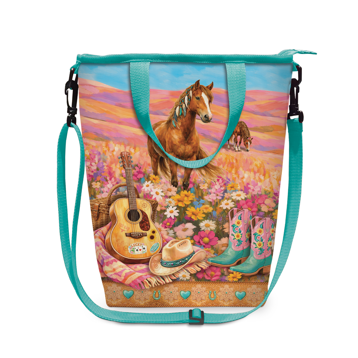 A turquoise crossbody tote bag featuring a colorful western-themed printed design with a horse, guitar, flowers, cowboy boots, and a hat on the front panel, shown on a plain white background.