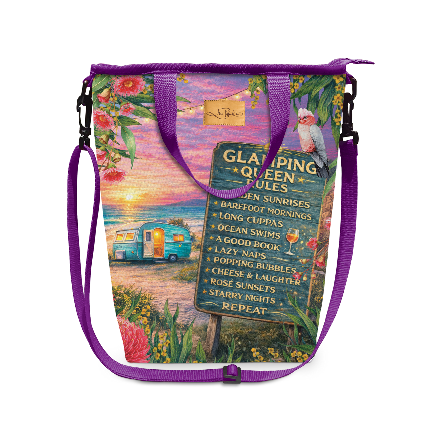 A purple tote bag with a colorful printed design of a woman relaxing by the ocean at sunset, featuring a purple shoulder strap and black plastic hardware.