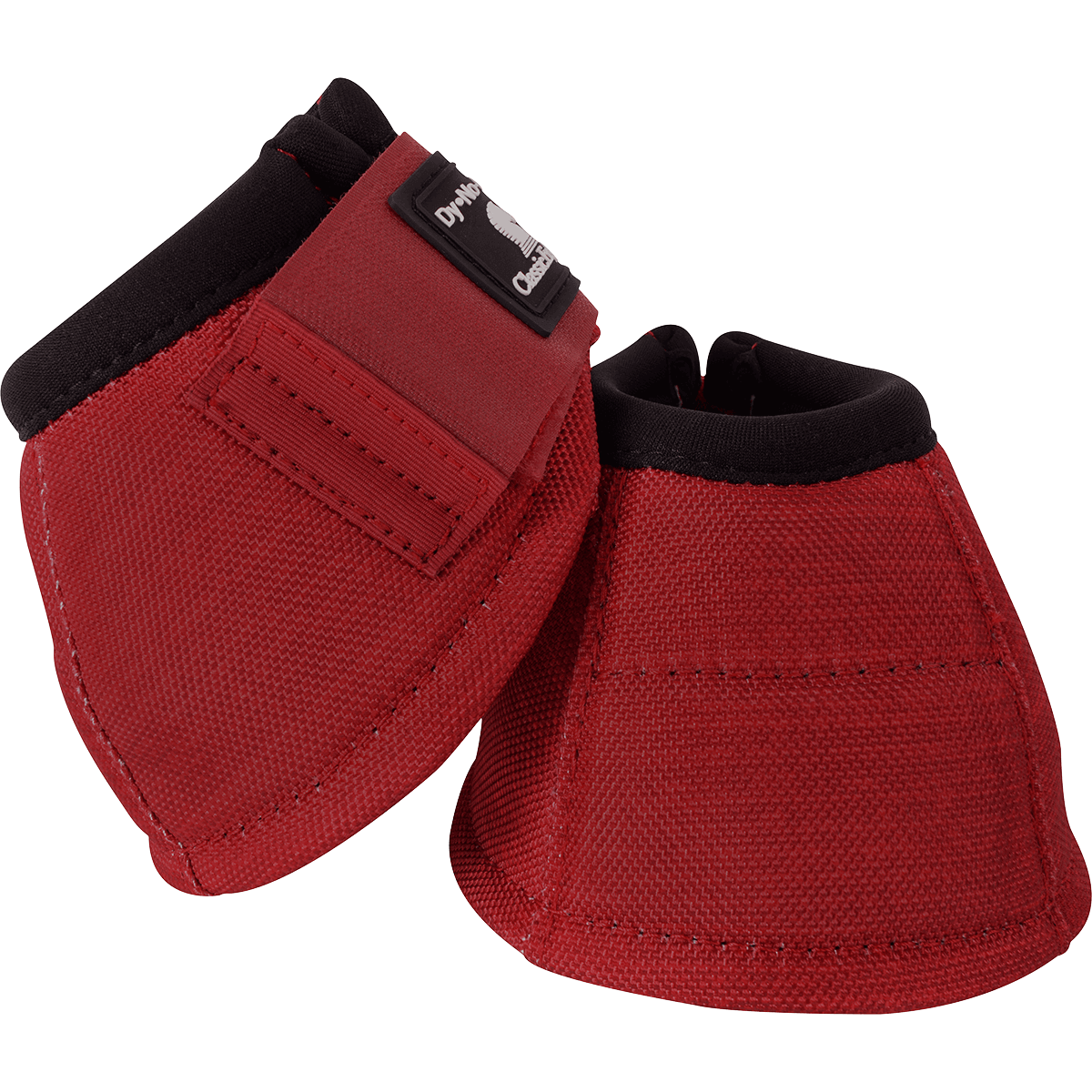 Classic Equine Dyno No Turn Bell Boots. A pair of crimson Dyno No Turn Bell Boots for horses with hook-and-loop closures and a contoured fit.