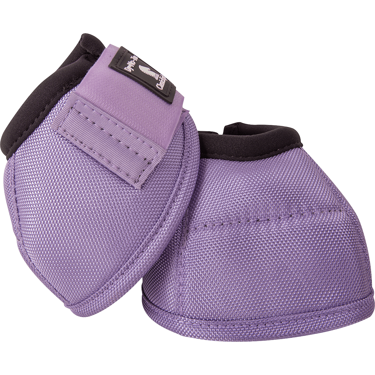 Classic Equine Dyno No Turn Bell Boots. A pair of lavender Dyno No Turn Bell Boots for horses with hook-and-loop closures and a contoured fit.