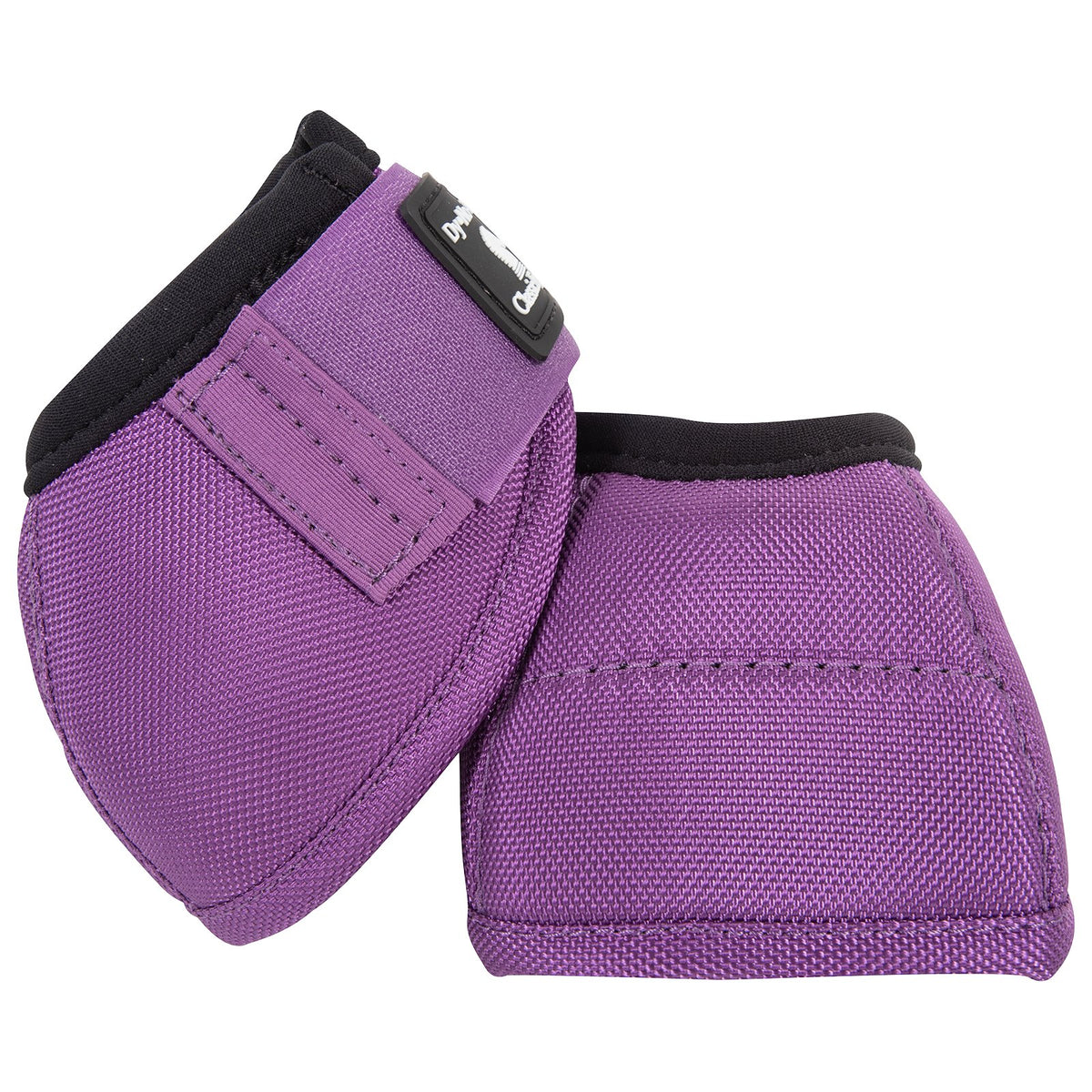 Classic Equine Dyno Turn Violet Purple Bell Boots. Pair of purple protective pads with black accents on a white background